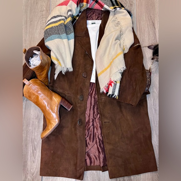 Vintage Brown Genuine Leather Suede Oversized Western Coat- Academia Boho Retro - Picture 1 of 15